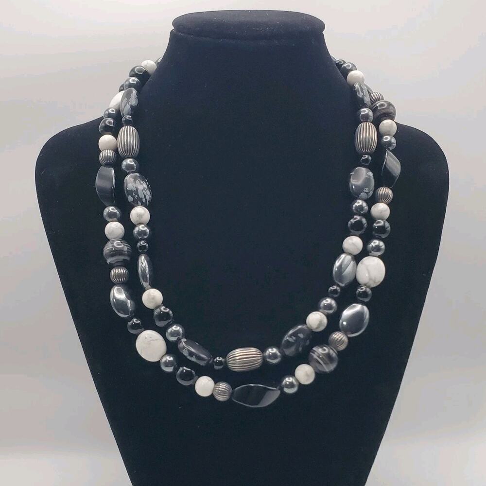 CAROLYN POLLACK Sterling Silver 2 Strand Agate Howlite Onyx Hematite Necklace